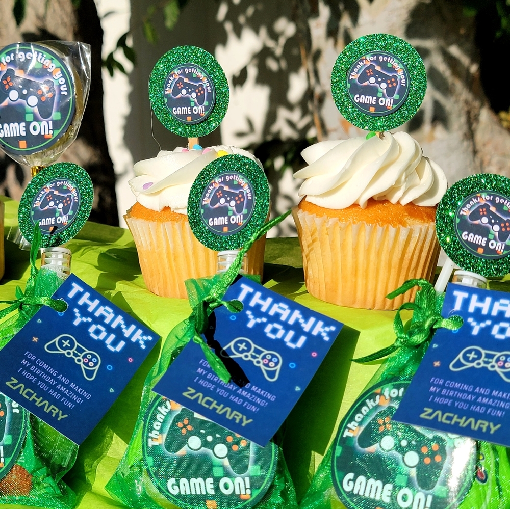 Set of 24 cupcake toppers and 24 favor bags with bubble wands to match ANY THEME
